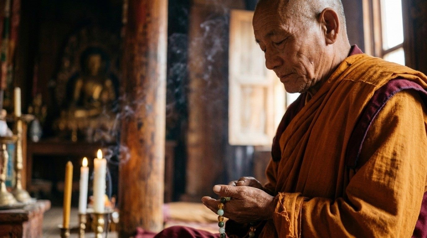 Un moine en méditation égrène les perles du bracelet à la lueur des bougies