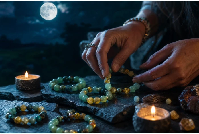 Des mains assemblent des bracelets de pierres à la lueur de la pleine lune et des bougies